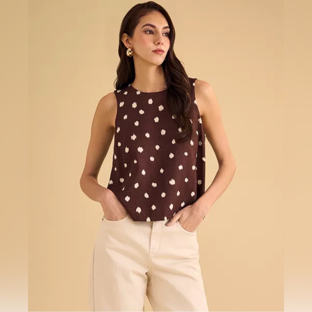 1.STATE Women's Crewneck Sleeveless Polka Dot Brown Top